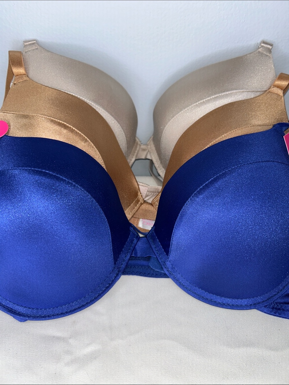 Betsey Johnson Satin Push-Up Bra Trio in Royal Blue, Gold & Cream Size 38C